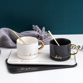 Nordic štýl zlaté keramické šálku kávy s lyžicou módne jednoduché pohár a tanier západnej potraviny domov reštaurácia mlieko označiť pohár