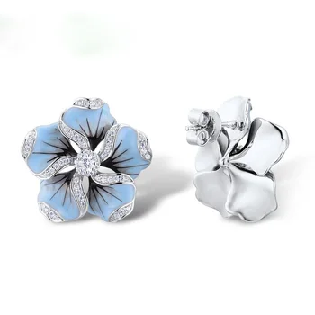 Nové Elegantné Dámy Lesklé Zirkón Crystal Blue Lotus Strom Stud Náušnice Svadobné Šperky, Darčeky Kórejský Módne Kvetinový Náušnice Stud Obrázok 2