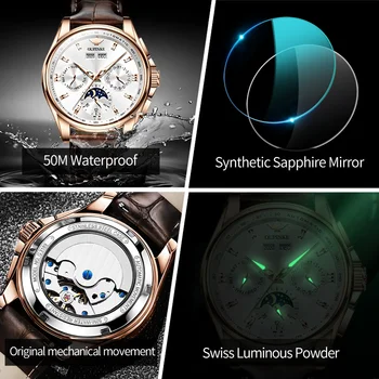 OUPINKE Design High-end Značky Automatické Mechanické Hodinky Originálne Kožené Nepremokavé Fázy Mesiaca Pánske hodinky Luxusné Človeka Hodiny Obrázok 2