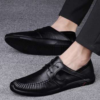 Pánske originálne kožené topánky mužov čipky čierne šaty topánky Business svadobné topánky mužov Oxfords čipky kolo prst bytov mužov topánky Obrázok 2