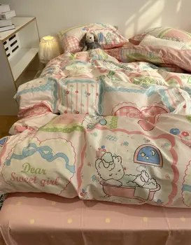 Roztomilý ružový zajac modrá posteľná bielizeň nastaviť dieťa dieťa dieťa,twin plný kráľovná krásne bavlnené bytový textil posteľ list vankúš deka kryt