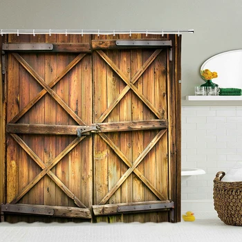 Rustikálny Staré Drevené Dvere Sprchové Závesy Retro 3d Kúpeľňa Opony Nepremokavé S Hákom Dekorácie Umývateľný Textílie Vaňa Obrazovke