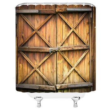 Rustikálny Staré Drevené Dvere Sprchové Závesy Retro 3d Kúpeľňa Opony Nepremokavé S Hákom Dekorácie Umývateľný Textílie Vaňa Obrazovke Obrázok 2