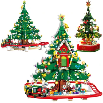 Santa Tree House Vlak Stavebné Bloky DIY Mesto Priateľmi Vianočné Rotujúce LED Svieti Music Box Tehly Hračky Pre Dieťa Vianočné Darčeky