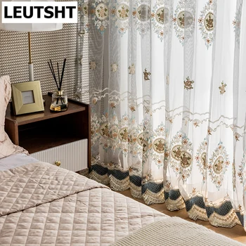 Sivá Tylu v Miestnosti Luxusné Vyšívané Záclony s Kvetmi pre Spálne Okno Liečba Úplnej Tylu Záclony