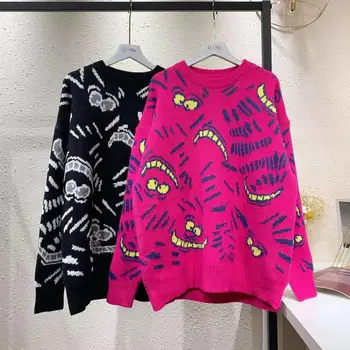 Streetwear Sveter Ženy 2020 Jeseň Zima Cartoon Leopard Vytlačené Pokrýva Priadza Bežné Nadrozmerné Pletených Čierny Pulóver Sweate