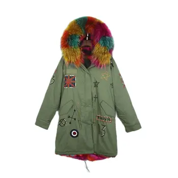 UK Vyšívať Farebné Korálky Linajkované Vetrovka Dlho Zelený Kabát Pre Ženy Pekné Králik Kožušiny Greatcoat