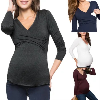 V-neck Materskej Ošetrovateľskej Topy Tehotné Ženy Dlhý Rukáv Tielko Materskej Dojčenie Oblečenie