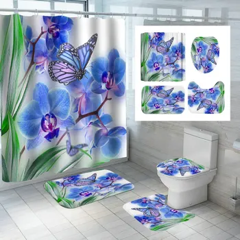 Vaňa Záclony Fialové Kvety Blue Butterfly Scenérie Nepremokavé Sprchové Závesy Kúpeľňa Mat Nastaviť Polyester Umývateľný Domova Obrázok 2