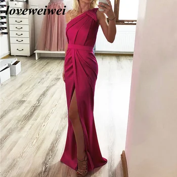 vestido de noche de satén prenda Sexy con un hombro al descubierto con abertura bočná longitud hasta plisado rosa intenso