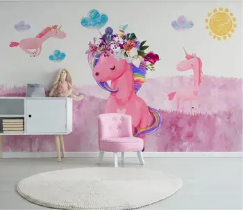 Veľkú zákazku nástennú maľbu, tapety Nordic moderný minimalistický ručne maľované ružový jednorožec detskej izby pozadí na stenu