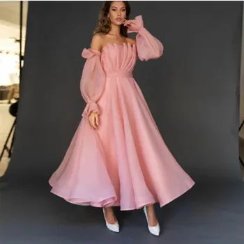 Vintage tvaru Krátke Ružová Večerné Šaty A-Line Dlhý Rukáv Skladaný Čaj Dĺžka Moslimských Formálne Party Šaty pre Ženy