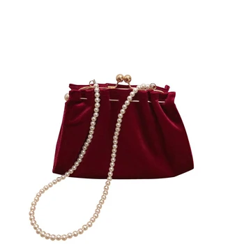 Vintage velvet kabelky ženy tašky 2020 dizajnér Pearl reťazca skladaný reťazca taška taška cez rameno pre Elegantné ženy Večera svadobné taška