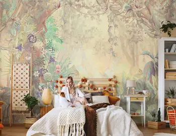 Vlastné tapety maľby ručne maľované tropickej džungli kvety a vtáky tapety obývacia izba, TV joj, abstraktných de parede Obrázok 2