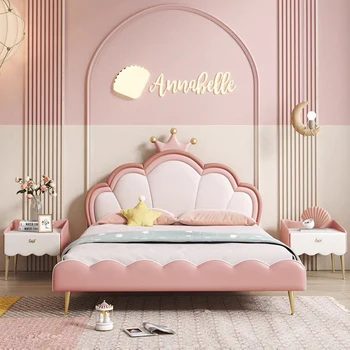Vysoko kvalitné detské postele dievča, ružová princeznička posteľ 1.5 moderný jednoduchý ľahký luxusné 1,2 m jednolôžko mäkké prepuced posteľ
