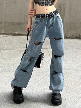 WeiYao kórejský Štýl Otvory Neforemné Mama Jeans Modrá Pevné Nízkym Pásom Bežné Denim Rovnou Nôh Nohavice Dámske Vintage 90. rokov Streetwear