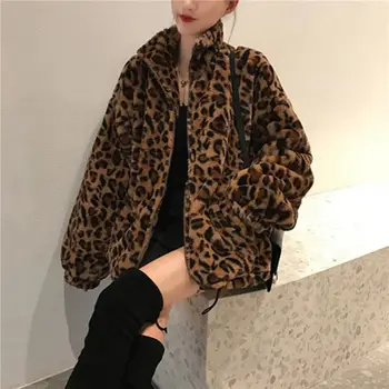 Zimné Leopard Tlač Bunda dámske Stojan Golier Teplé Parkas Outwear 2022 Nové Jeseň Zima kórejských Žien Voľné Umelé kožuchy