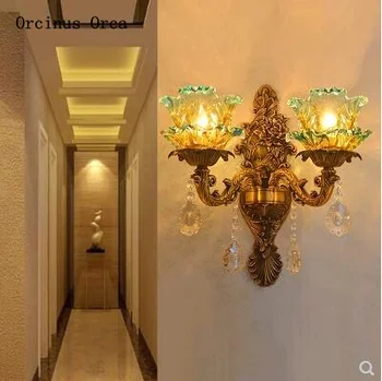 Zlato Bronz Európskej crystal nástenné svietidlo obývacia izba, spálňa, Nočné Lampy Retro romantický páva modré nástenné svietidlo