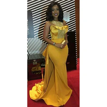 Zlato O Krk Satin Morská Víla Formálne Večerné Šaty 2021 Elegantné Dubaj Afriky Nigérijský Kryštály Korálkové Prom Šaty Celebrít Šaty Obrázok 2