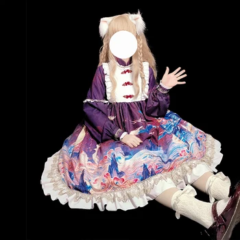 Čínsky štýl Lolita Japonský Mäkké Dievča Retro Roztomilý Lolita Vintage Dlhý Rukáv Op Šaty Kawaii loli Šaty