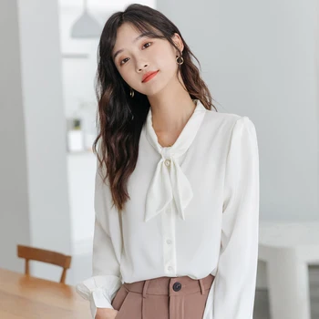 Šifón tričko dámske tenký štýl 2021 jar a na jeseň kórejský štýl dizajnu nika štýl temperament luk módne oL tričko