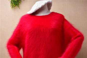 ženské ženy jeseň zima červená chlpaté plyšové noriek cashmere pletené o-krku dlhé rukávy voľné pulóver angora kožušiny sveter vytiahnuť topy Obrázok 2