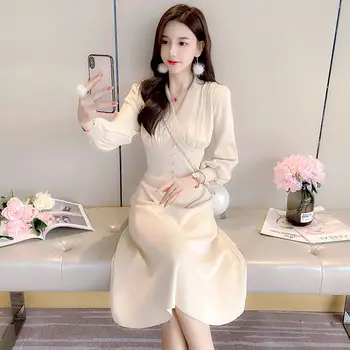 Ženy 2022 Jar Jeseň kórejský Módne Dlhý Rukáv Elegantné Party Šaty Žena Sladké Pevné Bežné tvaru Pletené Šaty H71 Obrázok 2