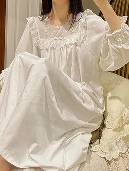 Ženy Jar Viktoriánskej Vintage Pyžamo Pour Femme Volánikmi Nightdress Hodváb Čistej Bavlny Princezná Sladká Víla Nightgown Sleepwear Obrázok 2