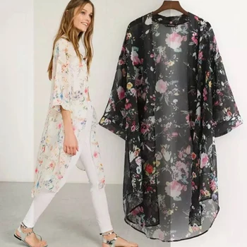 Ženy Vintage Kvetinový Šifón Košele Voľné Šatkou Kimono Cardigan Boho Topy Dlho, Opaľovací Krém, Bundy, Blúzky