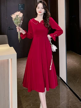 Ženy Červená Kórejský Módne, Elegantné Midi Šaty Jeseň Zima Dlhý Rukáv Bežné Saténové Svadobné Šaty 2022 Bodycon Strany Nočné Šaty