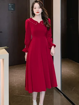 Ženy Červená Kórejský Módne, Elegantné Midi Šaty Jeseň Zima Dlhý Rukáv Bežné Saténové Svadobné Šaty 2022 Bodycon Strany Nočné Šaty Obrázok 2